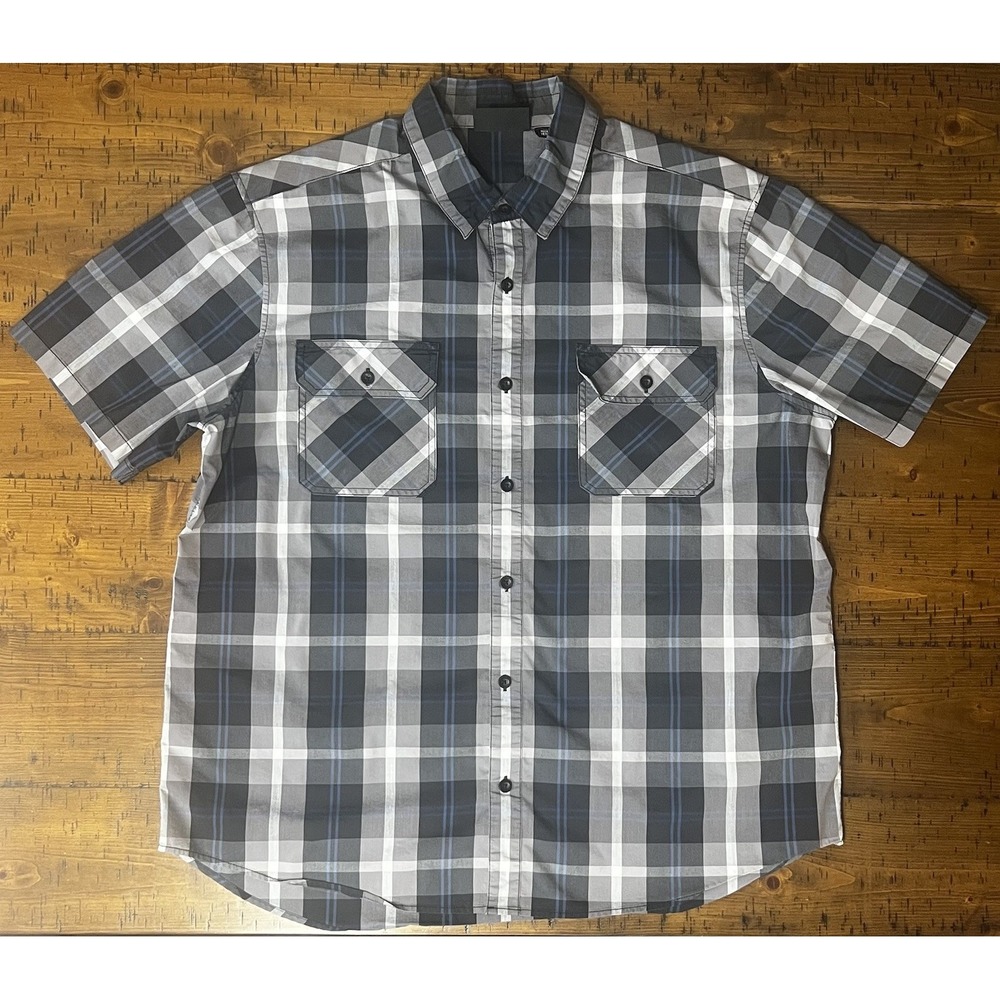 Harley Davidson Shirt Mens 2XL Gray Blue Plaid Button Block Letter Short Sleeve